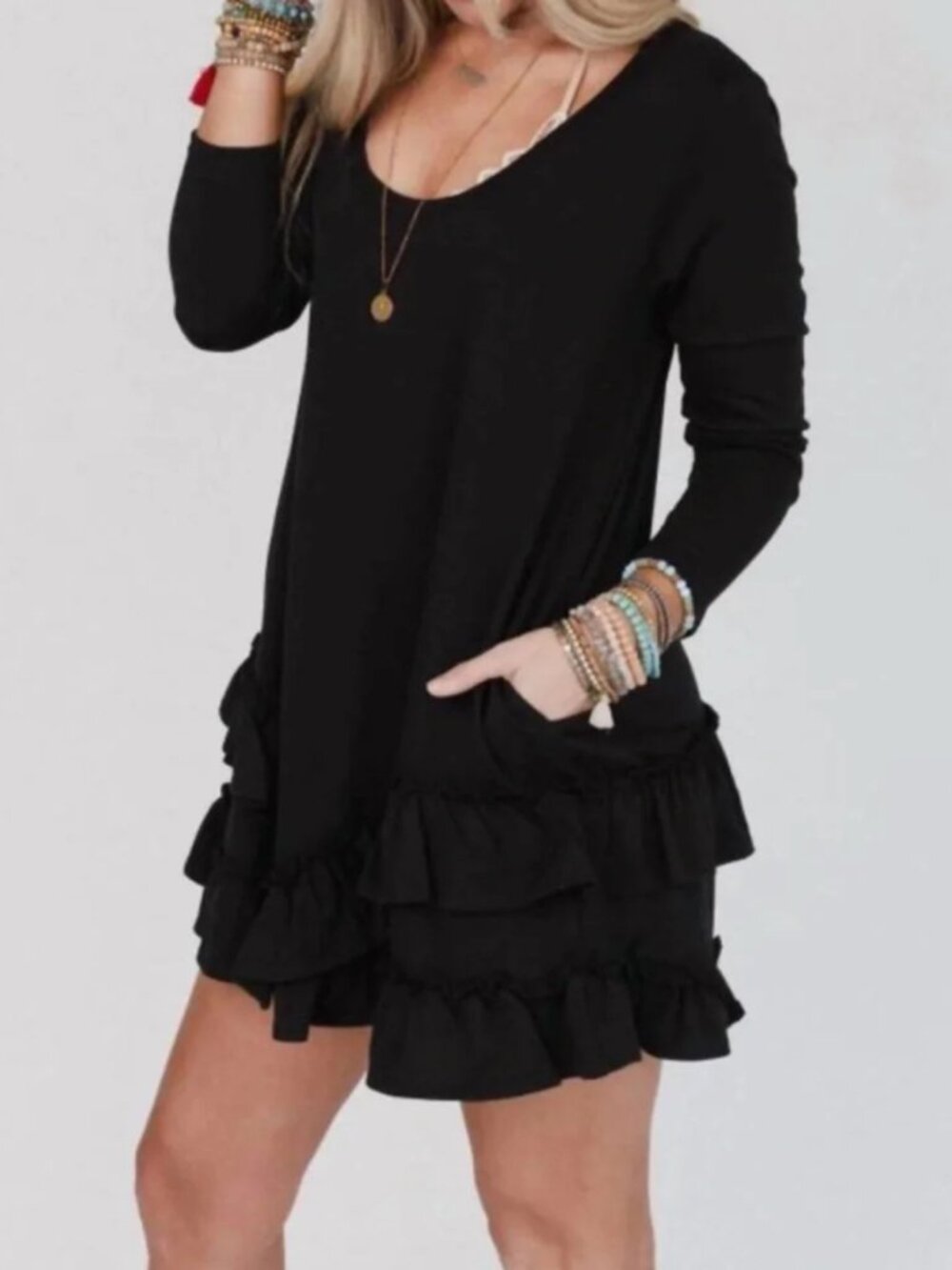 Three Bird Nest Constance Ruffle Hem Long Sleeve Dress Size S Black Boho Western